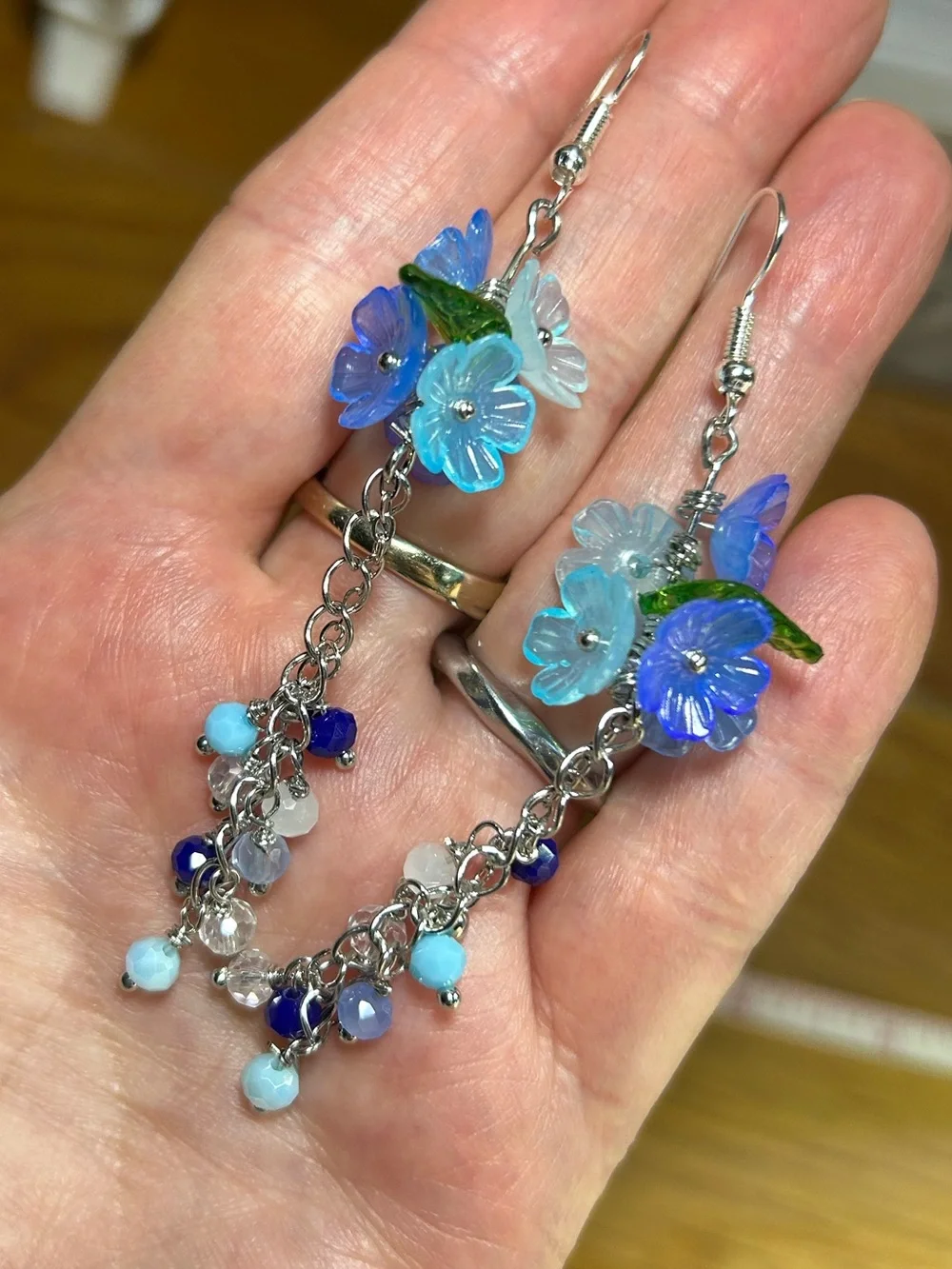 3/$25 Blue Floral Dangle Earrings with Crystal Beads